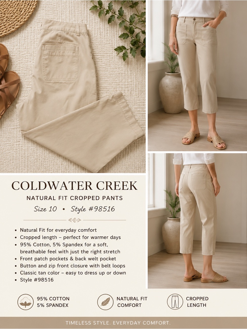 Coldwater Creek Natural fit size 10 Khaki stretch Capri casual wear